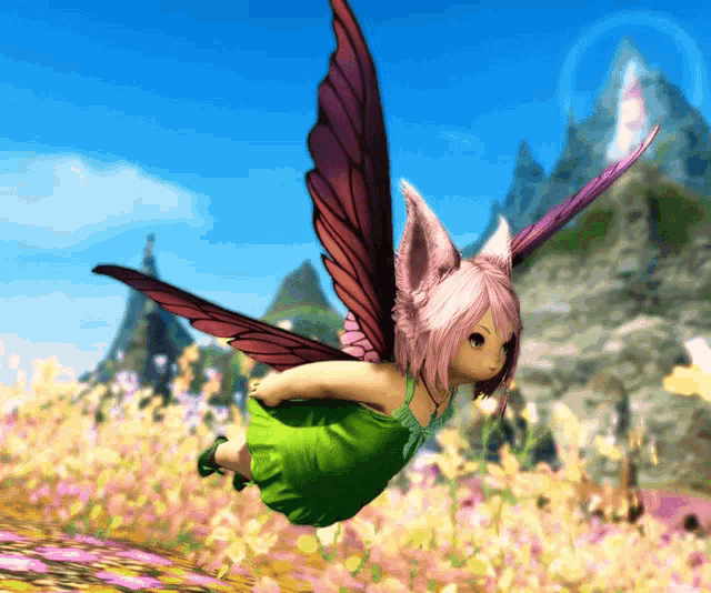a fairy with pink hair and purple wings is flying through a field of flowers