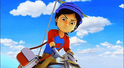a cartoon boy wearing a helmet is riding a motorcycle in the sky .