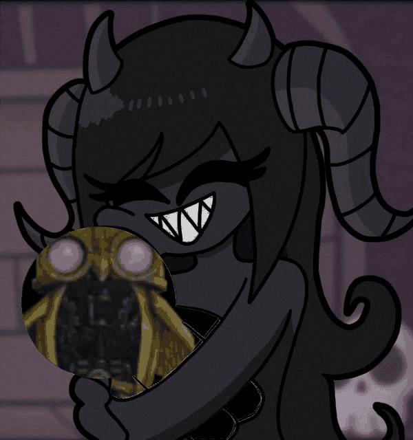 a cartoon drawing of a demon with horns holding a monster