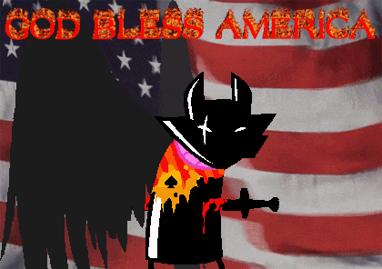a drawing of a devil holding a sword in front of an american flag with the words god bless america