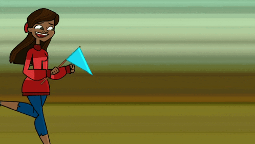 a girl in a red sweater is running with a blue flag in her hand