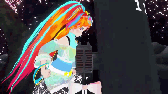 a colorful anime girl is standing in front of a microphone
