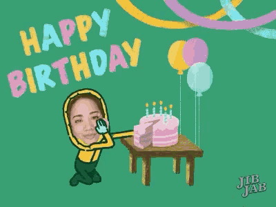 a cartoon of a woman hugging a birthday cake with the words happy birthday above her