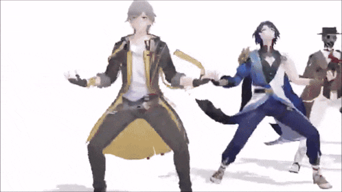 a group of anime characters are dancing in a line