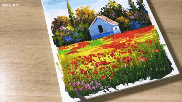 a painting of a house in a field of flowers with wow art written above it