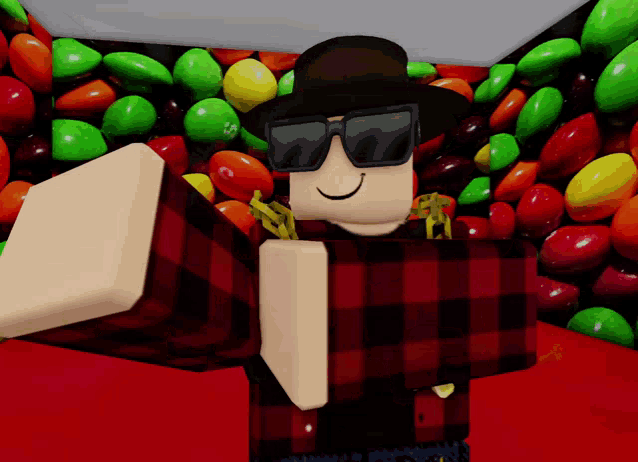 a cartoon character wearing sunglasses and a hat stands in front of a pile of colorful candies
