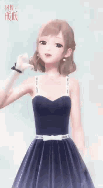 a girl in a blue dress is standing in front of a white background .