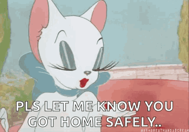 a cartoon cat is blowing a kiss while saying `` pls let me know you got home safely '' .