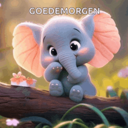 a baby elephant is sitting on a tree branch with the word goedemorgen written above it