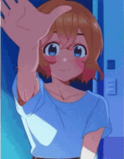 a girl in a blue shirt is being touched by a hand