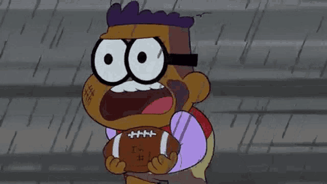 a cartoon character is running in the rain while holding a football in his hands .