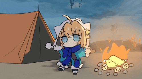 a cartoon drawing of a girl standing next to a tent