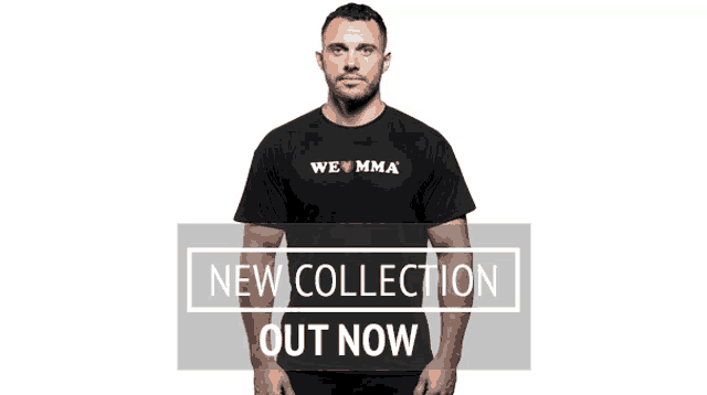 a man wearing a black t-shirt that says we mma on it