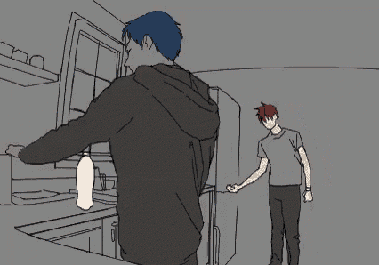 a drawing of two people in a kitchen with one holding a bottle
