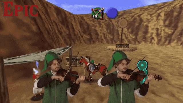 two men playing violins in a video game with the word epic in red