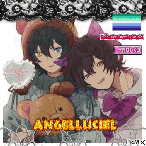 a picture of two anime characters with a teddy bear and the name angelluciel