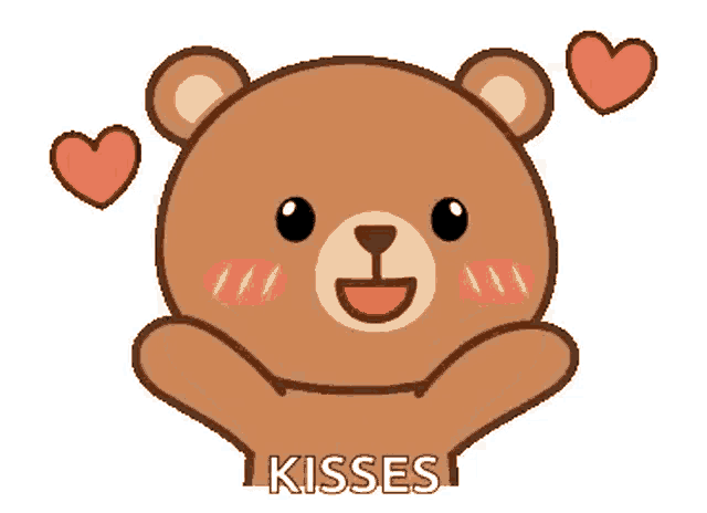 a teddy bear with hearts around it and the words kisses written on it .