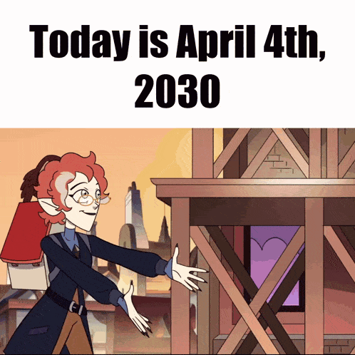 a cartoon character is standing in front of a building with the words today is april 4th 2030