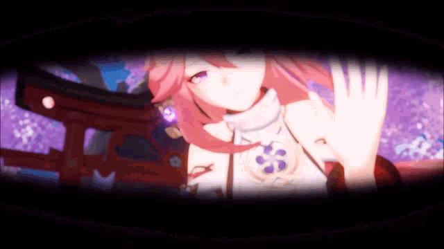 a girl with pink hair and purple eyes is waving her hand in front of a red torii gate .