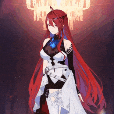 a girl with long red hair is wearing a white and black outfit
