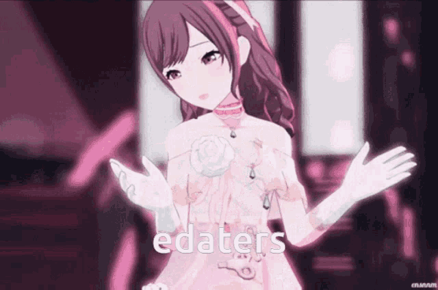 a girl in a pink dress with the words " edaters " on the bottom right
