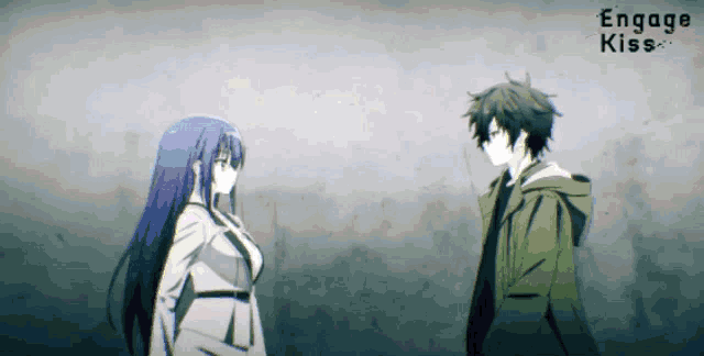 a boy and a girl are standing next to each other with the words engage kiss written on the bottom