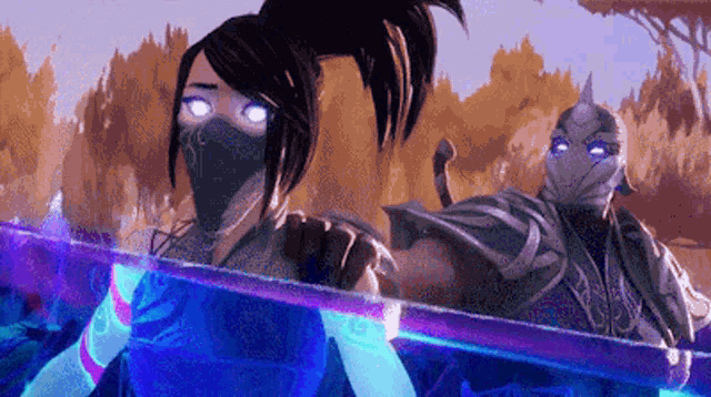 a woman in a mask is standing next to a man with glowing eyes
