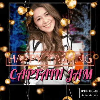 a photo of a woman with the words happy tasking captain jam