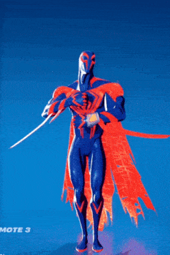 a blue and red superhero is standing in front of a blue background with mote 3 on it