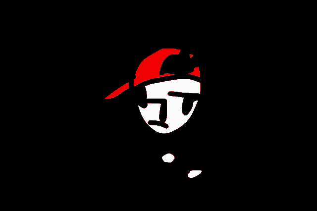 a black and white drawing of a person with a red hat on