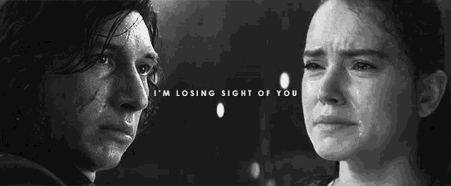 a black and white photo of a man and a woman with tears on their faces .