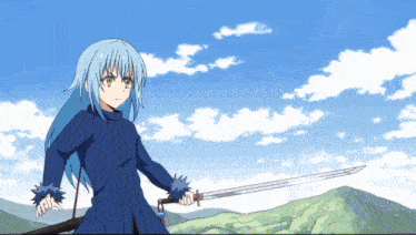 a cartoon character with blue hair is holding a sword