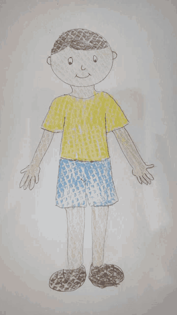a child 's drawing of a boy with a yellow shirt and blue shorts