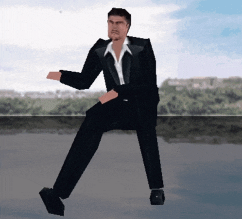 a computer generated image of a man in a tuxedo sitting on the ground