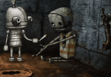 two cartoon robots are shaking hands in a room