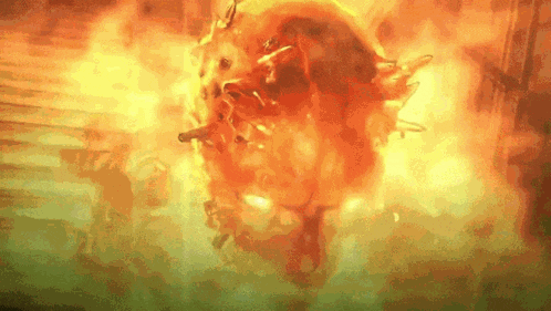 a painting of a fireball with a green background .