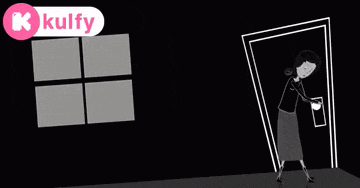 a cartoon of a woman standing in front of a door with a kulfy logo in the corner