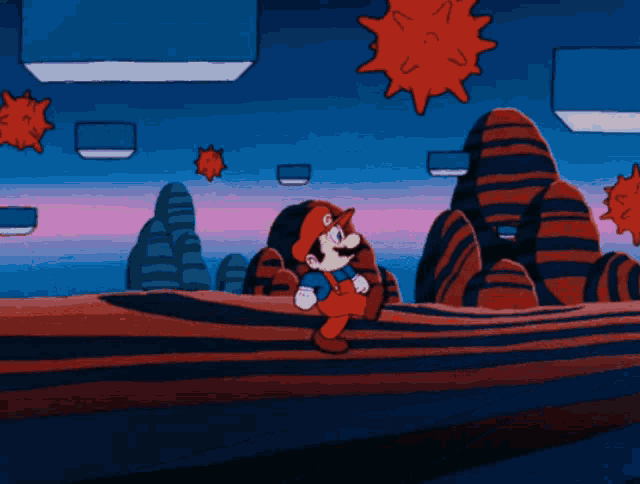 a cartoon of mario running through a landscape