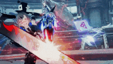 a video game character is holding a large sword and wearing a top hat with an ace of spades on it