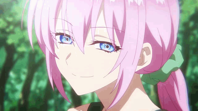a girl with pink hair and blue eyes has a green bow in her hair