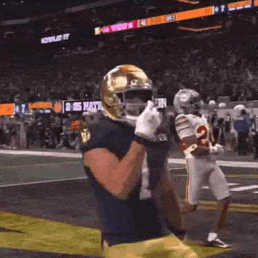 a football player wearing a helmet and gloves is standing on the field .
