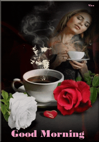 a picture of a woman holding a cup of coffee with the words " good morning " below it