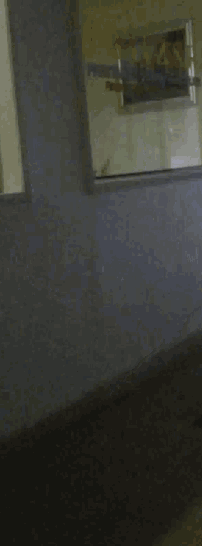 a blurred image of a hallway with a doorway and a window