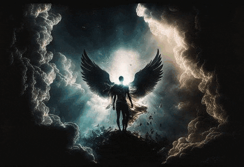 a man with angel wings is standing on a hill in the clouds .