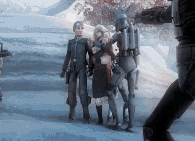 a group of people standing next to each other in the snow in a video game .