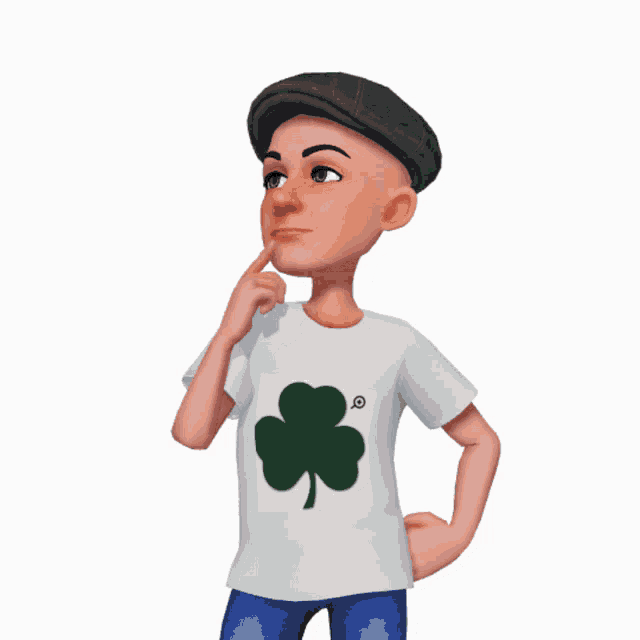 a cartoon character wearing a white t-shirt with a green clover on it