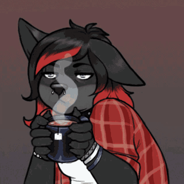 a cartoon of a furry character holding a mug of coffee