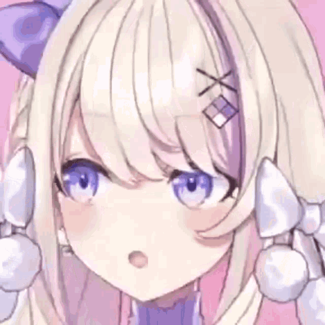 a close up of a blonde anime girl with blue eyes and purple ears .