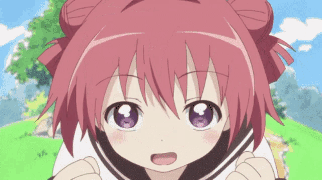 a girl with pink hair and purple eyes is looking up