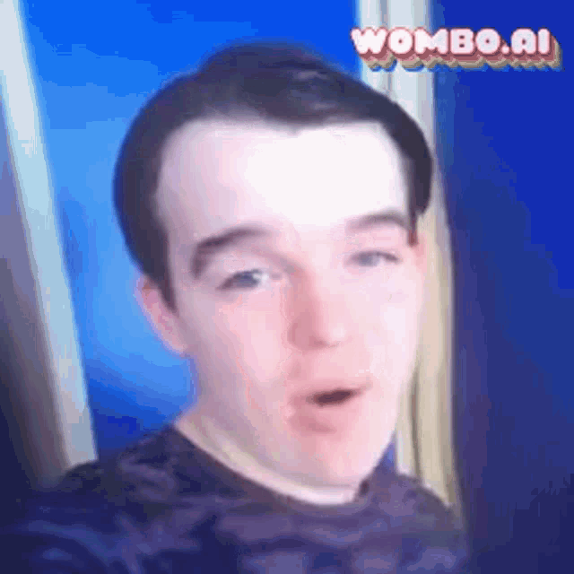 a close up of a man 's face with a wombo.ai logo in the background